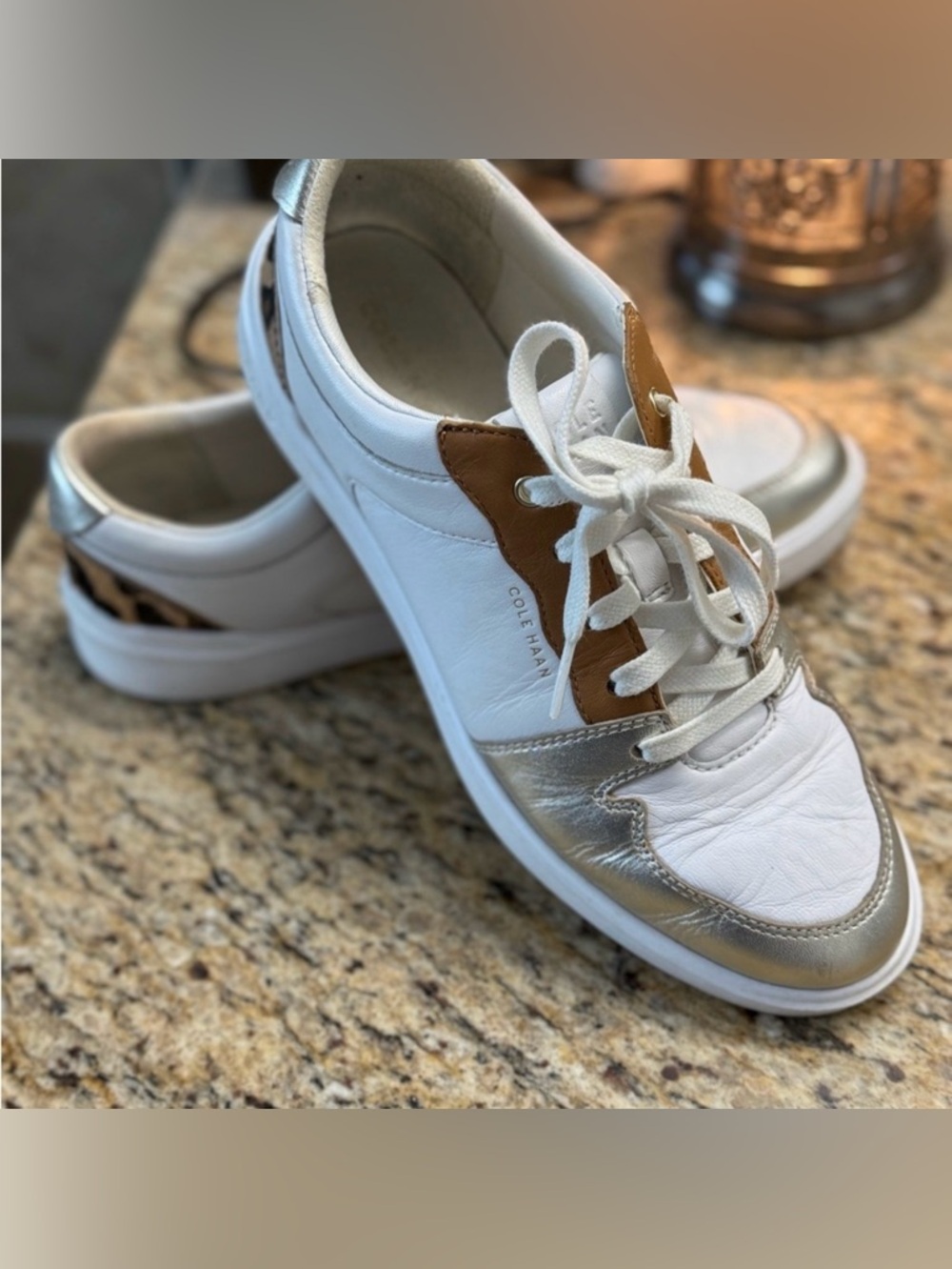 Cole Haan White Leather Sneakers with Silver Toe and Tan Accents